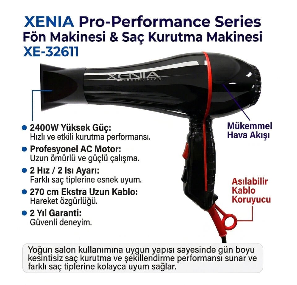 XENIA Pro-Performance Series Fön Makinesi & Saç Kurutma Makinesi XE-32611